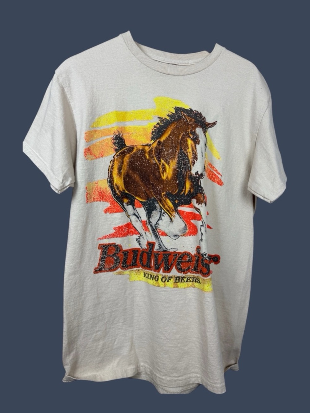 Budweiser White Tee with Brown Horse and Red & Yellow Accents